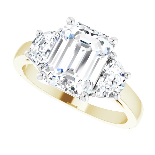 Three-stone half-moon engagement ring in 14K gold, diamond center, close-up of half-moon stones/white-gold/white-gold variant--Emerald variant--3CT variant--14K-yellow/white-gold
