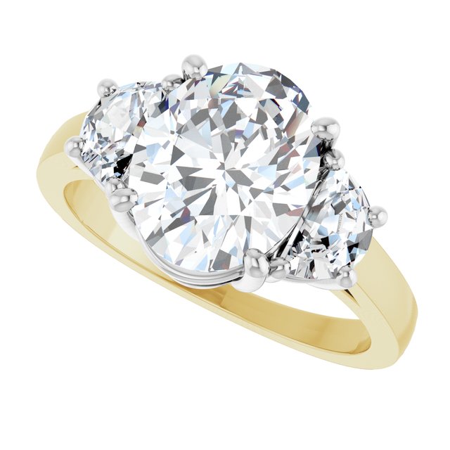 Three-stone half-moon engagement ring in 14K gold, diamond center, close-up of half-moon stones/white-gold/white-gold variant--Oval variant--2CT variant--14K-yellow/white-gold