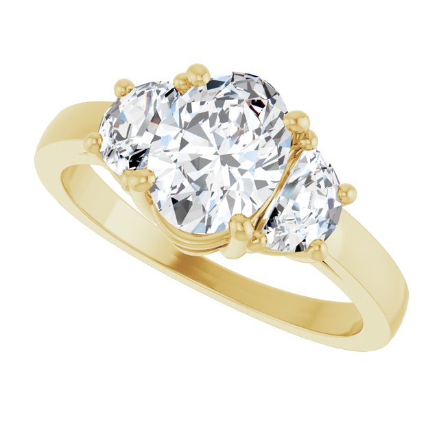 Three-stone half-moon engagement ring in 14K gold, diamond center, front view variant--Oval variant--1CT variant--14K-yellow-gold