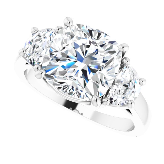 Three-stone half-moon engagement ring in 14K gold, diamond center, in packaging variant--Cushion variant--4CT variant--14K-white-gold
