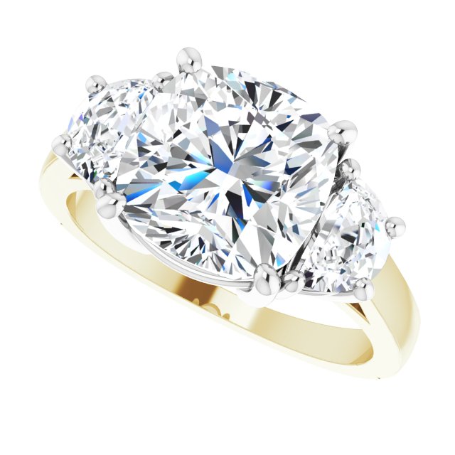 Three-stone half-moon engagement ring in 14K gold, diamond center, close-up of half-moon stones/white-gold/white-gold variant--Cushion variant--4CT variant--14K-yellow/white-gold