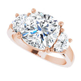 Three-stone half-moon engagement ring in 14K gold, diamond center, side profile variant--Cushion variant--4CT variant--14K-rose-gold