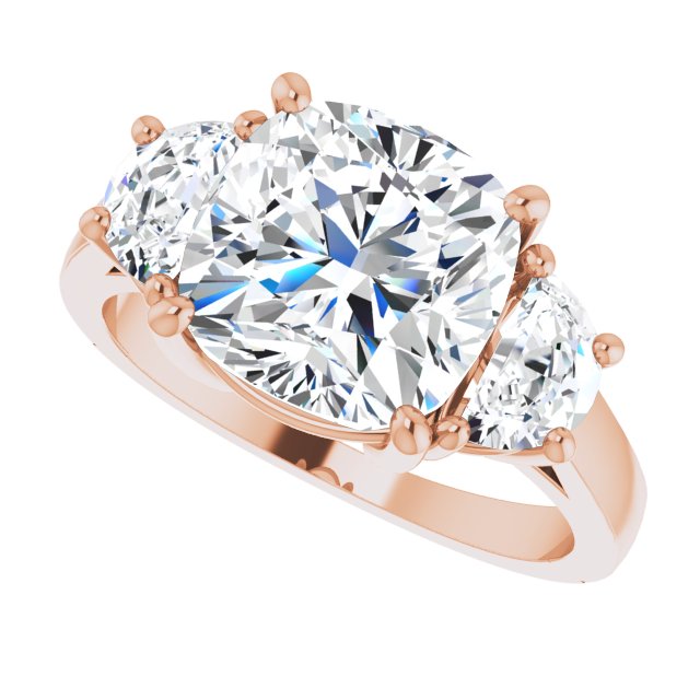 Three-stone half-moon engagement ring in 14K gold, diamond center, side profile variant--Cushion variant--4CT variant--14K-rose-gold