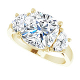 Three-stone half-moon engagement ring in 14K gold, diamond center, front view variant--Cushion variant--4CT variant--14K-yellow-gold