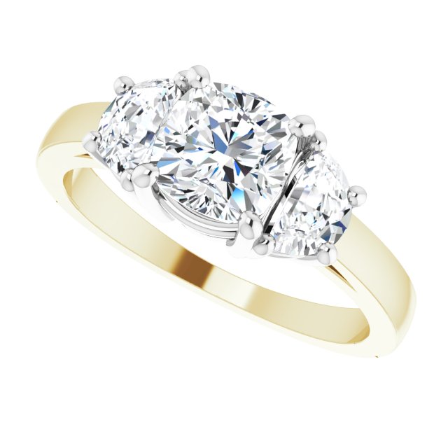 Three-stone half-moon engagement ring in 14K gold, diamond center, close-up of half-moon stones/white-gold/white-gold variant--Cushion variant--1CT variant--14K-yellow/white-gold