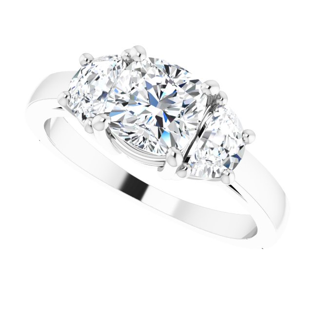 Three-stone half-moon engagement ring in 14K gold, diamond center, in packaging variant--Cushion variant--1CT variant--14K-white-gold