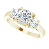 Three-stone half-moon engagement ring in 14K gold, diamond center, front view variant--Cushion variant--1CT variant--14K-yellow-gold