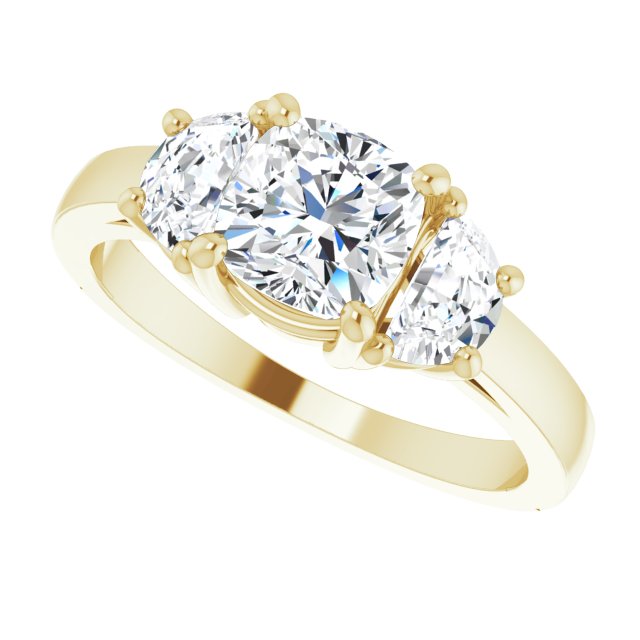 Three-stone half-moon engagement ring in 14K gold, diamond center, front view variant--Cushion variant--1CT variant--14K-yellow-gold