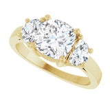 Three-stone half-moon engagement ring in 14K gold, diamond center, front view variant--Cushion variant--2CT variant--14K-yellow-gold