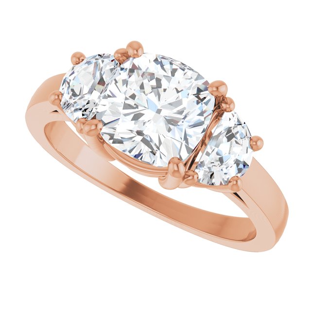 Three-stone half-moon engagement ring in 14K gold, diamond center, side profile variant--Cushion variant--2CT variant--14K-rose-gold