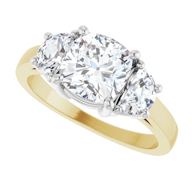 Three-stone half-moon engagement ring in 14K gold, diamond center, close-up of half-moon stones/white-gold/white-gold variant--Cushion variant--2CT variant--14K-yellow/white-gold