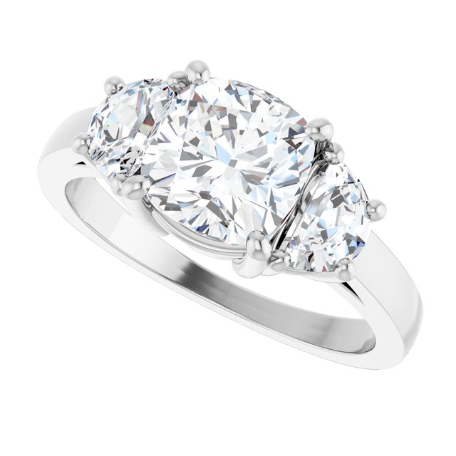 Three-stone half-moon engagement ring in 14K gold, diamond center, in packaging variant--Cushion variant--2CT variant--14K-white-gold