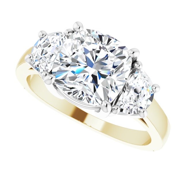 Three-stone half-moon engagement ring in 14K gold, diamond center, close-up of half-moon stones/white-gold/white-gold variant--Cushion variant--3CT variant--14K-yellow/white-gold