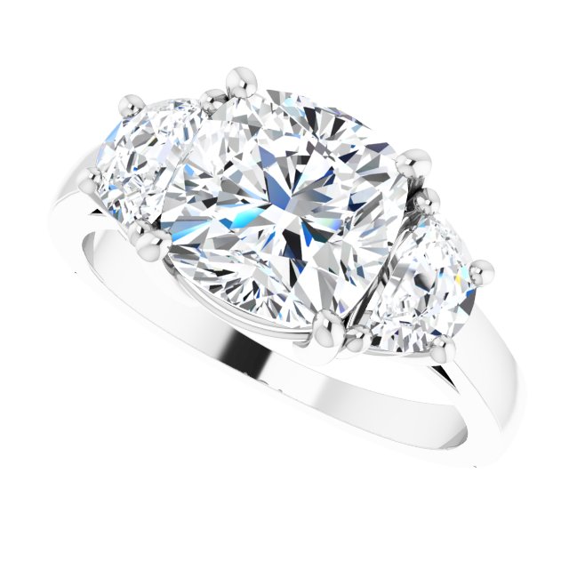 Three-stone half-moon engagement ring in 14K gold, diamond center, in packaging variant--Cushion variant--3CT variant--14K-white-gold