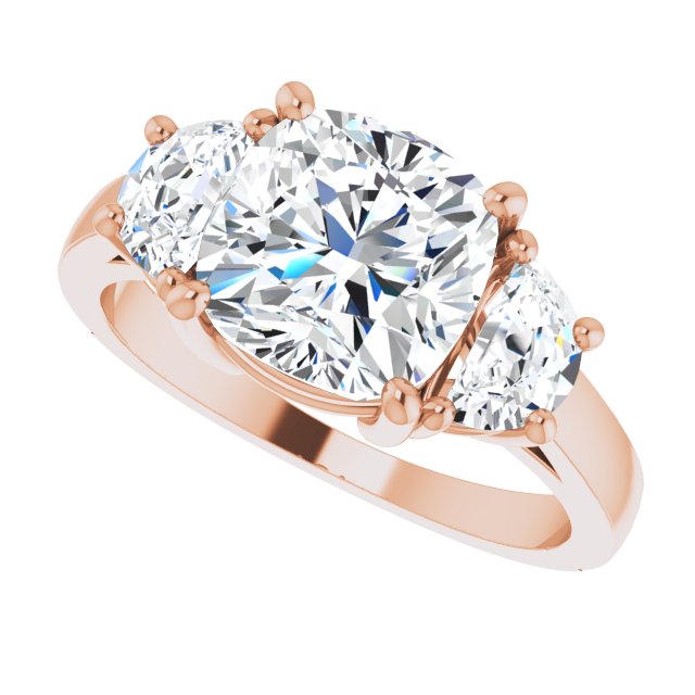 Three-stone half-moon engagement ring in 14K gold, diamond center, side profile variant--Cushion variant--3CT variant--14K-rose-gold