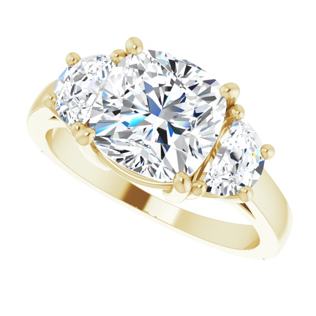 Three-stone half-moon engagement ring in 14K gold, diamond center, front view variant--Cushion variant--3CT variant--14K-yellow-gold