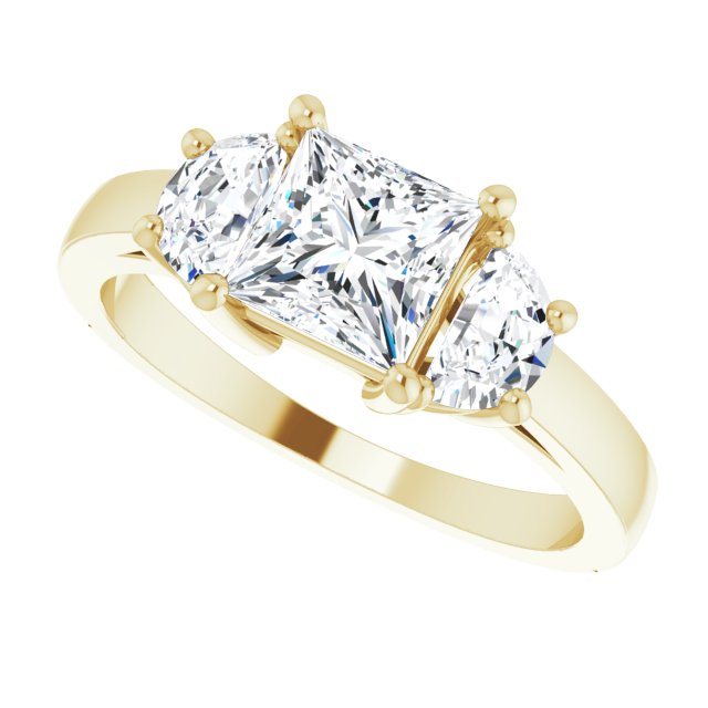 Three-stone half-moon engagement ring in 14K gold, diamond center, front view variant--Square variant--1CT variant--14K-yellow-gold