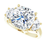 Three-stone half-moon engagement ring in 14K gold, diamond center, front view variant--Cushion variant--5CT variant--14K-yellow-gold