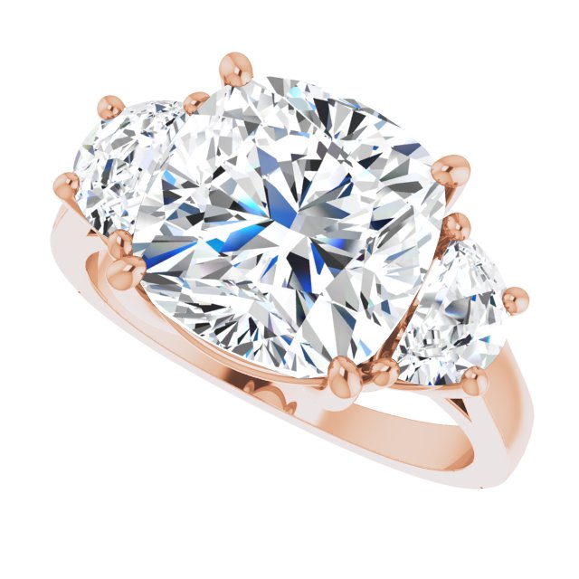 Three-stone half-moon engagement ring in 14K gold, diamond center, side profile variant--Cushion variant--5CT variant--14K-rose-gold