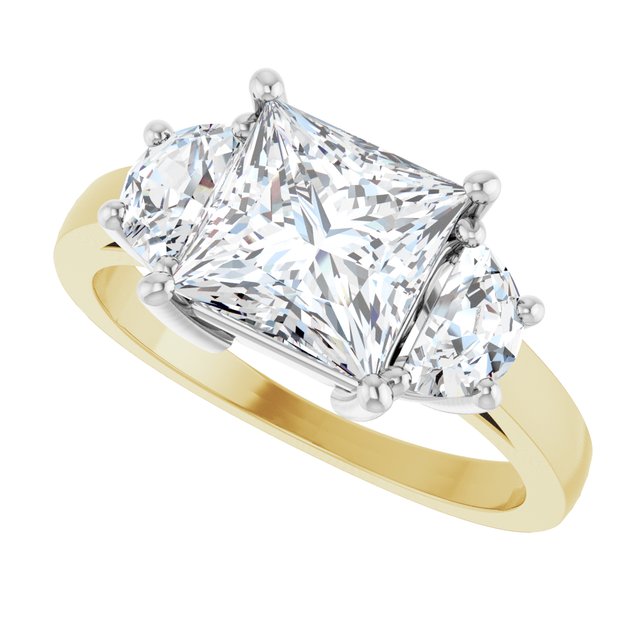 Three-stone half-moon engagement ring in 14K gold, diamond center, close-up of half-moon stones/white-gold/white-gold variant--Square variant--2CT variant--14K-yellow/white-gold