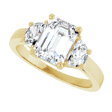 Three-stone half-moon engagement ring in 14K gold, diamond center, front view variant--Emerald variant--2CT variant--14K-yellow-gold