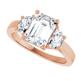 Three-stone half-moon engagement ring in 14K gold, diamond center, side profile variant--Emerald variant--2CT variant--14K-rose-gold