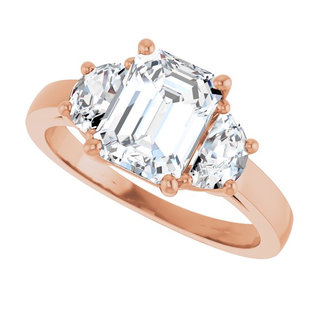 Three-stone half-moon engagement ring in 14K gold, diamond center, side profile variant--Emerald variant--2CT variant--14K-rose-gold