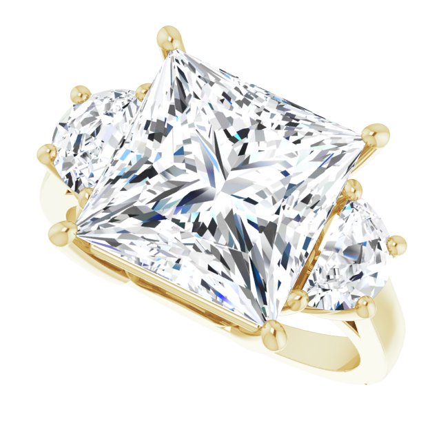 Three-stone half-moon engagement ring in 14K gold, diamond center, front view variant--Square variant--5CT variant--14K-yellow-gold