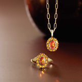 Gemmy halo cocktail ring with amethyst cabochons, editorial detail view