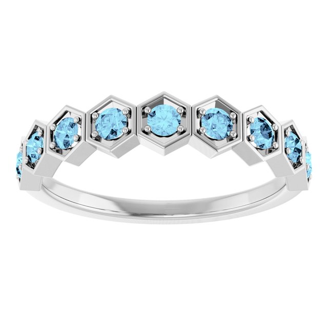 Hexagon stackable birthstone ring with aquamarine in 14K gold variant--Aquamarine variant--14K-white-gold