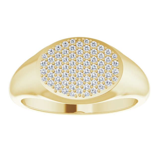 Pavé signet ring in 14K gold, angled view showing dome and pavé detail yellow gold variant--14K-yellow-gold