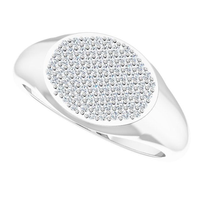 Pavé signet ring in 14K yellow gold, overhead view of diamond dome white gold variant--14K-white-gold