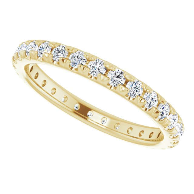 French-set eternity band side angle showing diamond coverage around full circumference variant--14K-yellow-gold variant--Diamond-Nat variant--5.5 variant--6 variant--6.5 variant--7