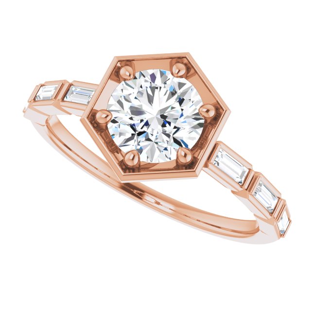 Hexagon engagement ring with round center stone, three-quarter view variant--14K-rose-gold