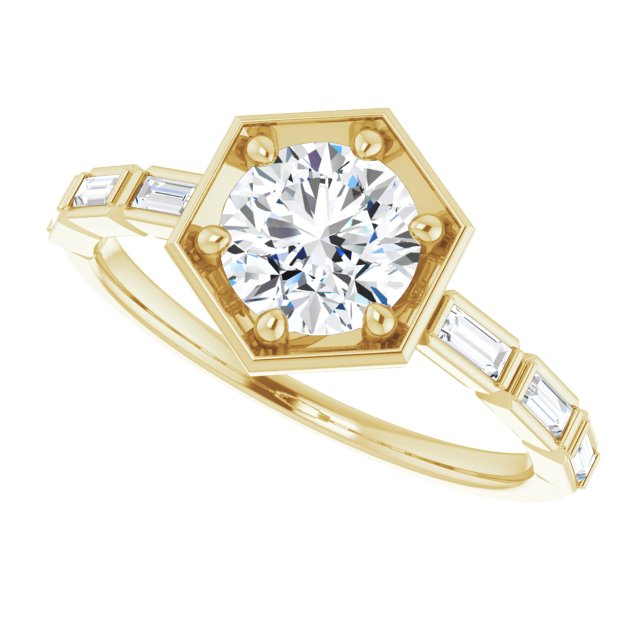 Hexagon engagement ring setting, angled view showing baguette accents variant--14K-yellow-gold