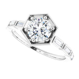 Hexagon engagement ring, side profile showing band width variant--14K-white-gold