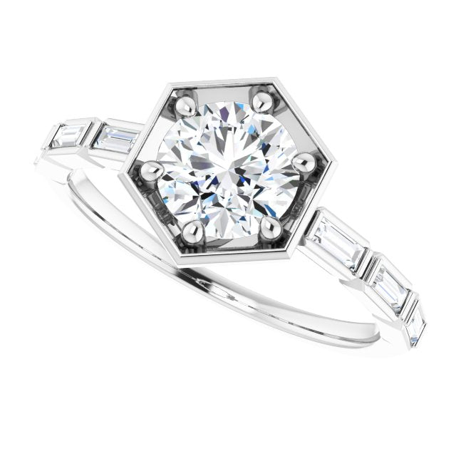 Hexagon engagement ring, side profile showing band width variant--14K-white-gold