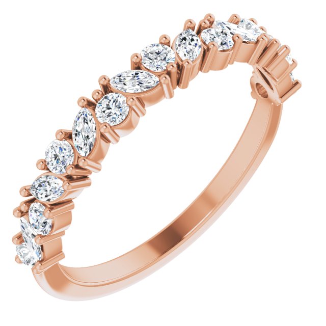 Nouveau diamond band in 14K rose gold, front view of art-inspired scroll pattern variant--14K-rose-gold variant--Diamond-Lab variant--Diamond-Nat