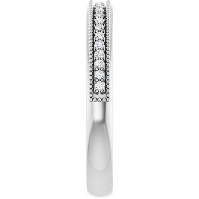 Milgrain diamond band showing prong-set diamonds, close view white gold variant--14K-white-gold variant--Platinum