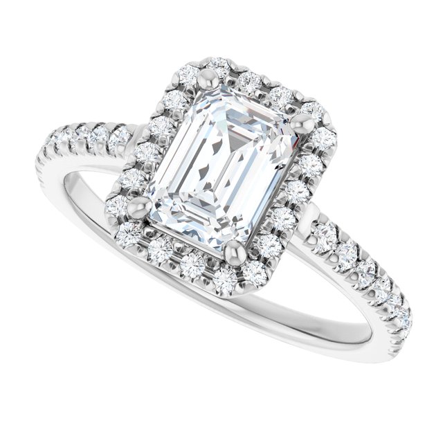 French-set halo ring in 14K gold showing full setting with diamond halo variant--Emerald variant--1CT variant--14K-white-gold