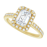 French-set halo ring alternate angle showing groove setting technique variant--Emerald variant--1CT variant--14K-yellow-gold