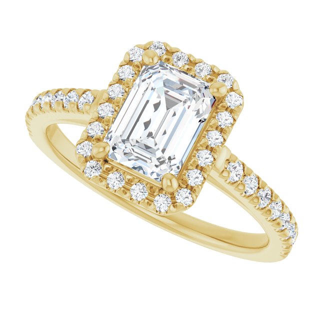 French-set halo ring alternate angle showing groove setting technique variant--Emerald variant--1CT variant--14K-yellow-gold