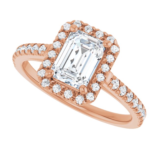 French-set halo ring three-quarter view showing band and halo profile variant--Emerald variant--1CT variant--14K-rose-gold