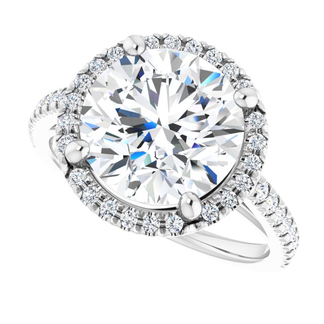French-set halo ring with 3CT round center in gold variant--Round variant--4CT variant--14K-white-gold