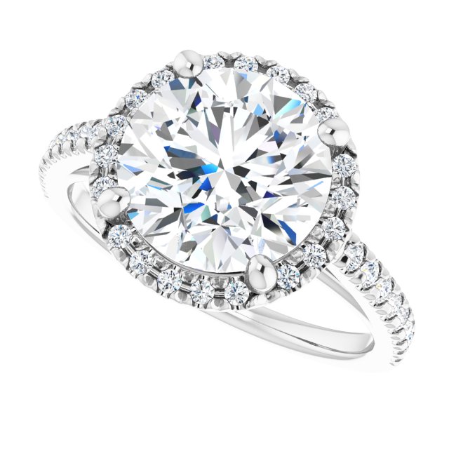 French-set halo ring with 2CT round center variant--Round variant--3CT variant--14K-white-gold