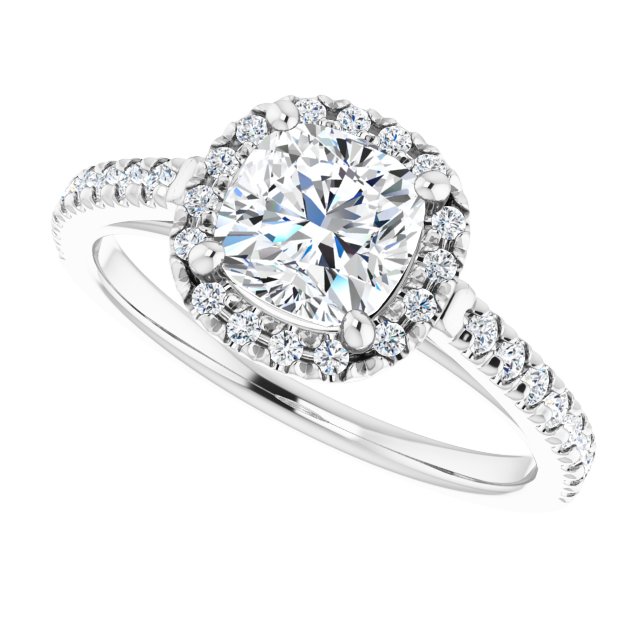 French-set halo ring with 4CT asscher center, dramatic view variant--Cushion variant--1CT variant--14K-white-gold
