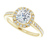 French-set halo ring 4CT asscher alternate perspective variant--Cushion variant--1CT variant--14K-yellow-gold