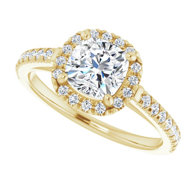French-set halo ring 4CT asscher alternate perspective variant--Cushion variant--1CT variant--14K-yellow-gold