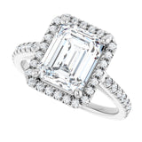 French-set halo ring with larger emerald center, full front view variant--Emerald variant--3CT variant--14K-white-gold