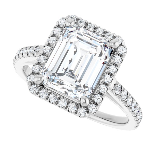 French-set halo ring with larger emerald center, full front view variant--Emerald variant--3CT variant--14K-white-gold